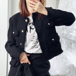 NWOT MANGO MNG Cropped Tweed Blazer Lady Jacket in Black, Size XS, $149